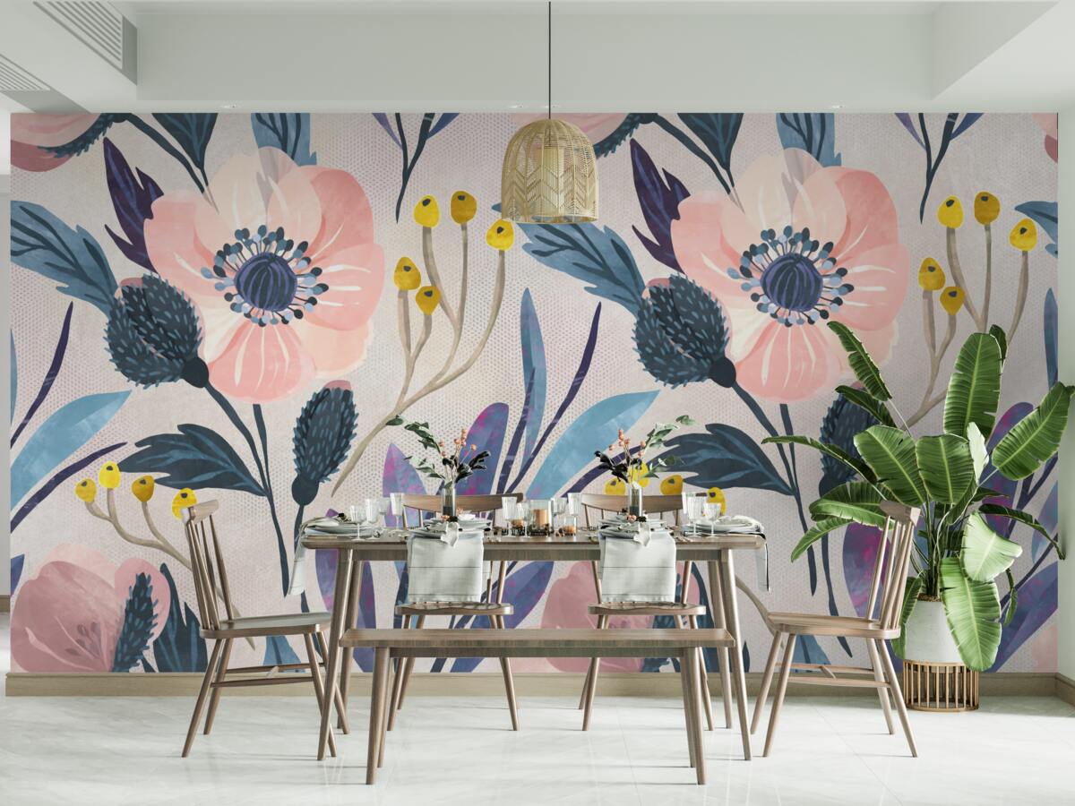 Фотошпалери рожеві маки серед листя