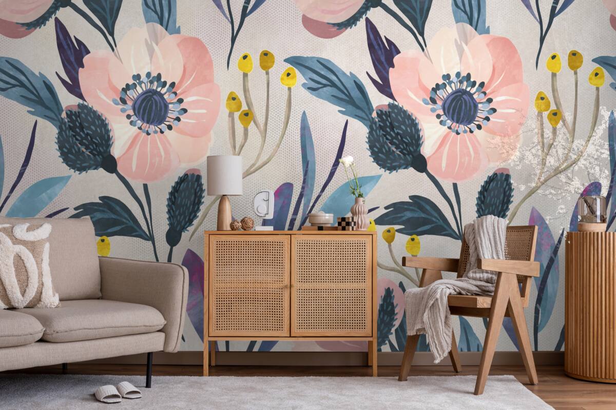 Фотошпалери рожеві маки серед листя