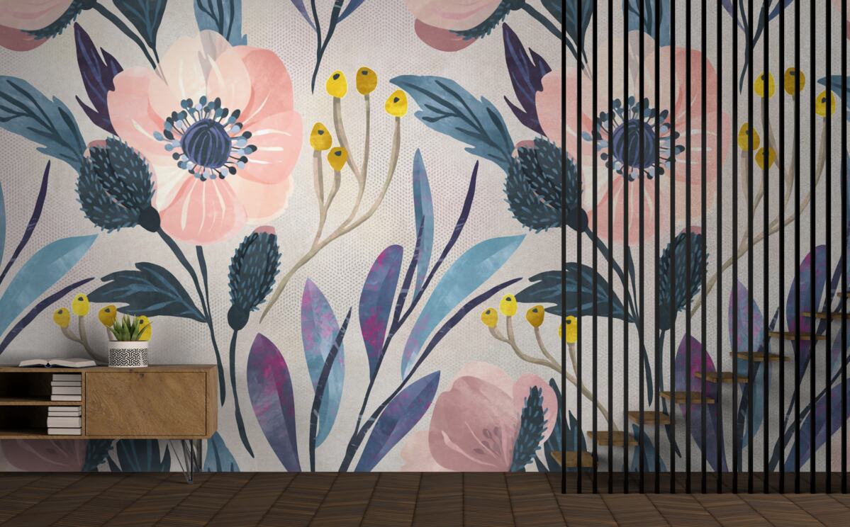 Фотошпалери рожеві маки серед листя