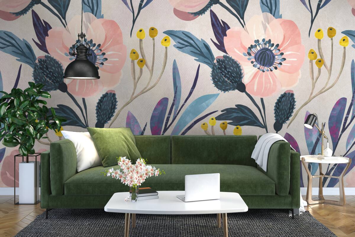 Фотошпалери рожеві маки серед листя