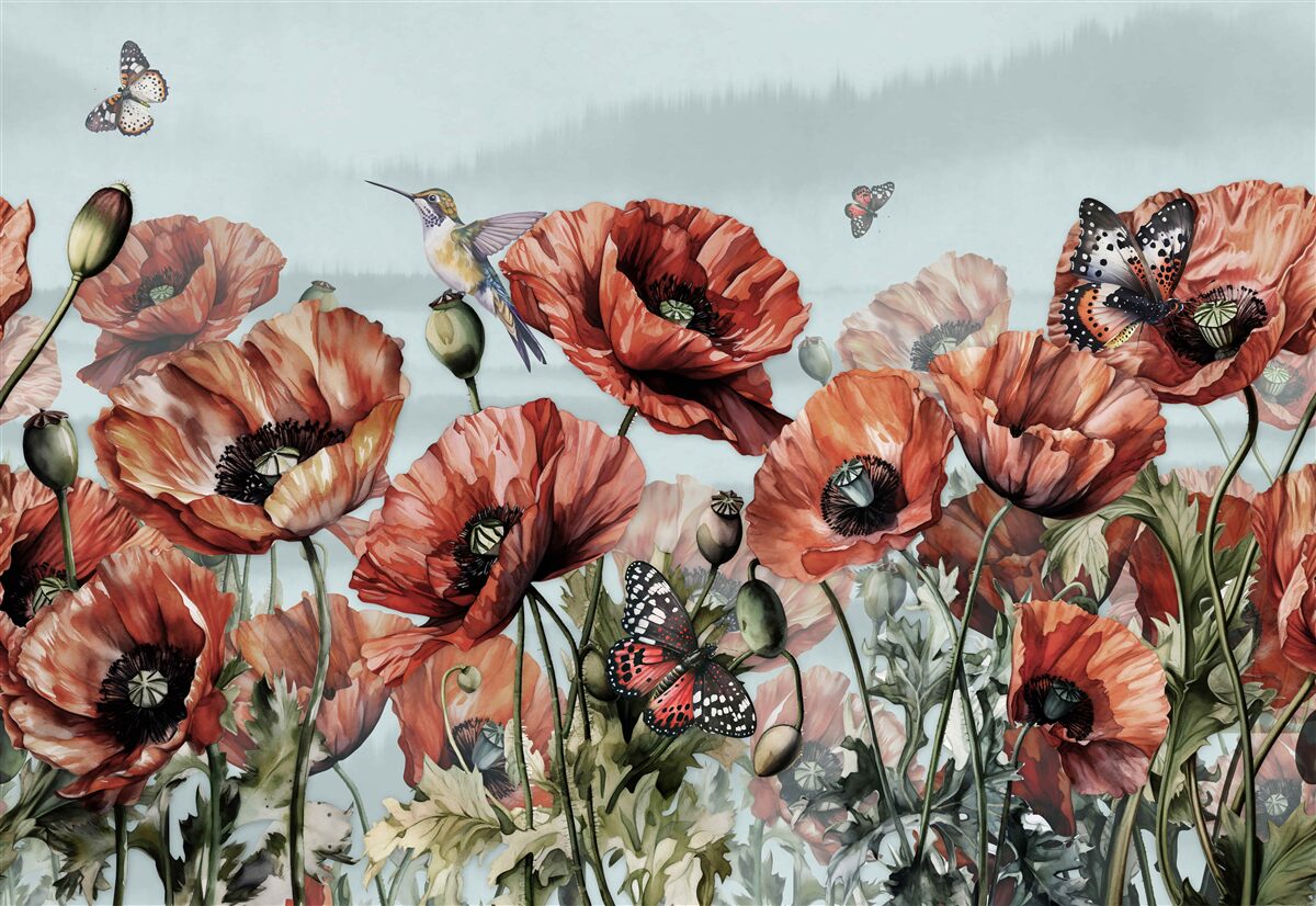 Фотошпалери метелики літають над полем червоних маків