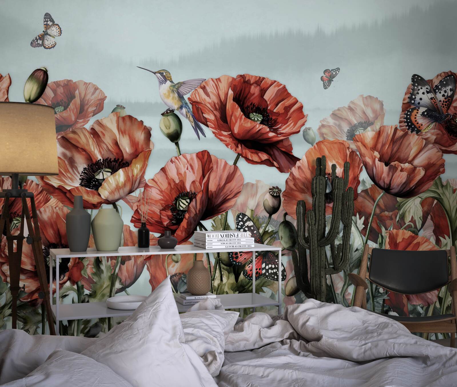 Фотошпалери метелики літають над полем червоних маків