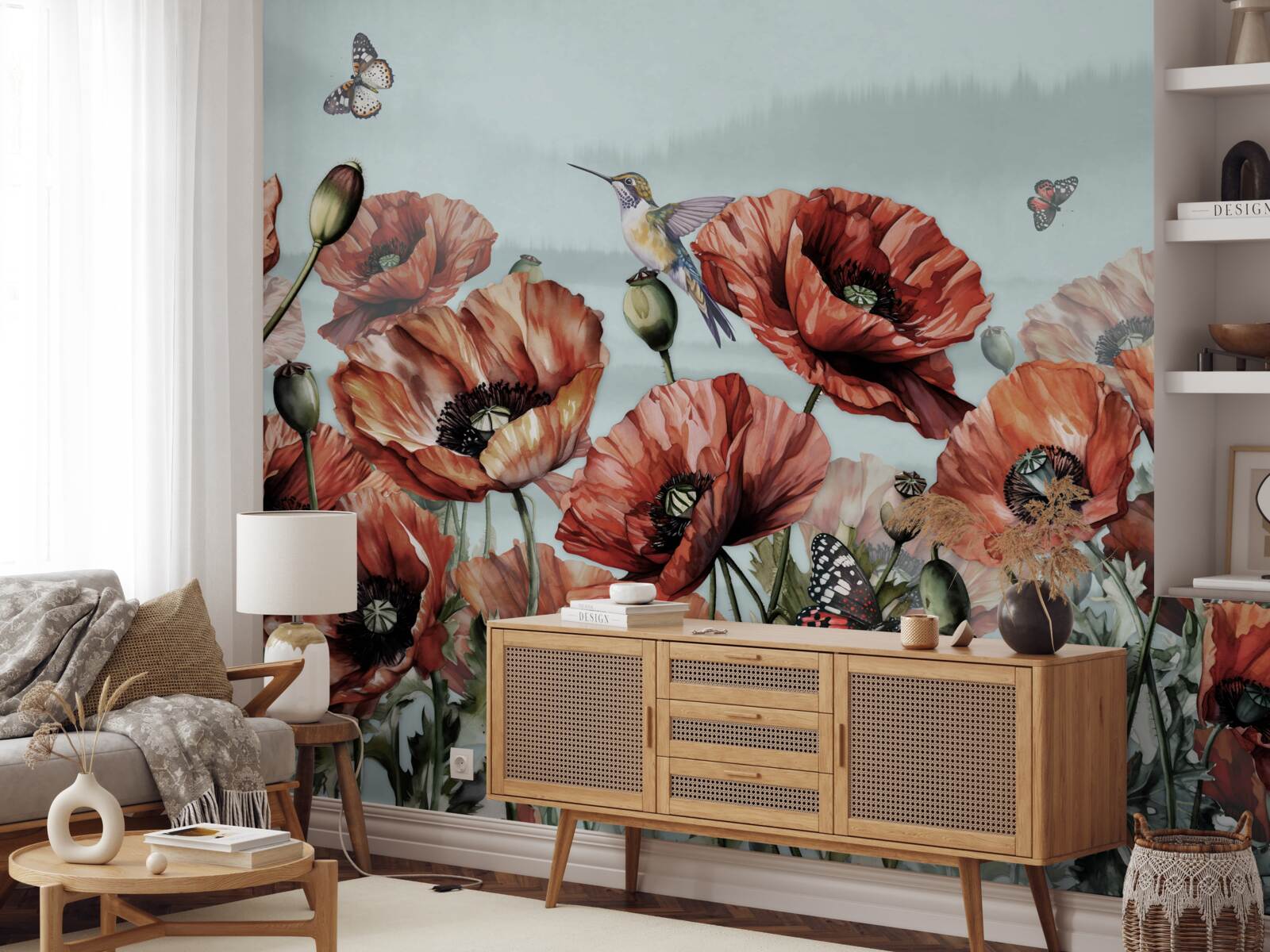 Фотошпалери метелики літають над полем червоних маків