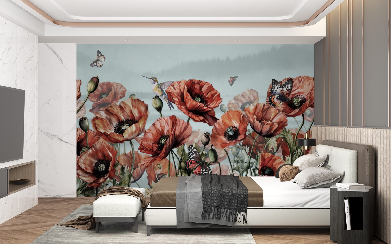 Фотошпалери метелики літають над полем червоних маків