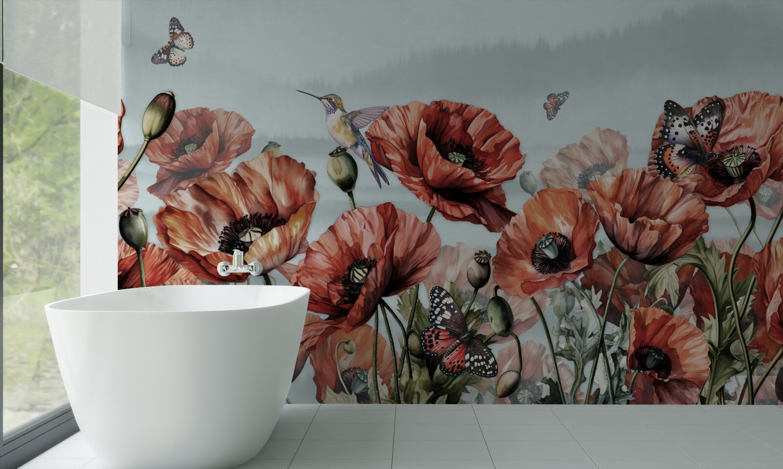 Фотошпалери метелики літають над полем червоних маків