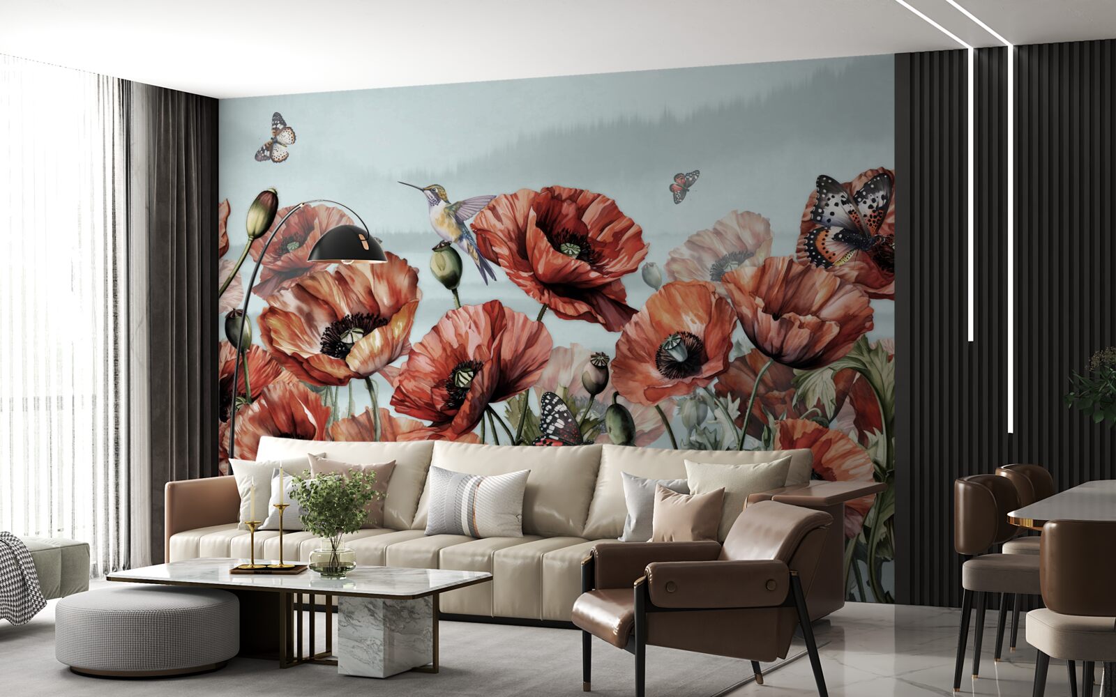 Фотошпалери метелики літають над полем червоних маків