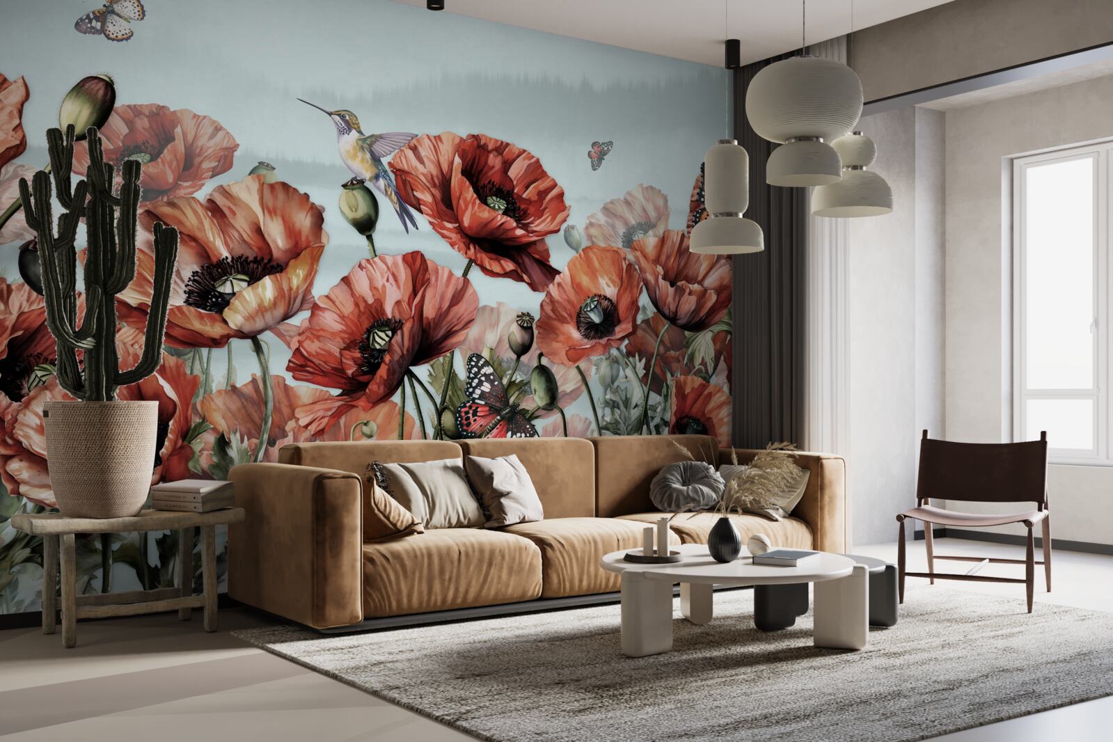 Фотошпалери метелики літають над полем червоних маків