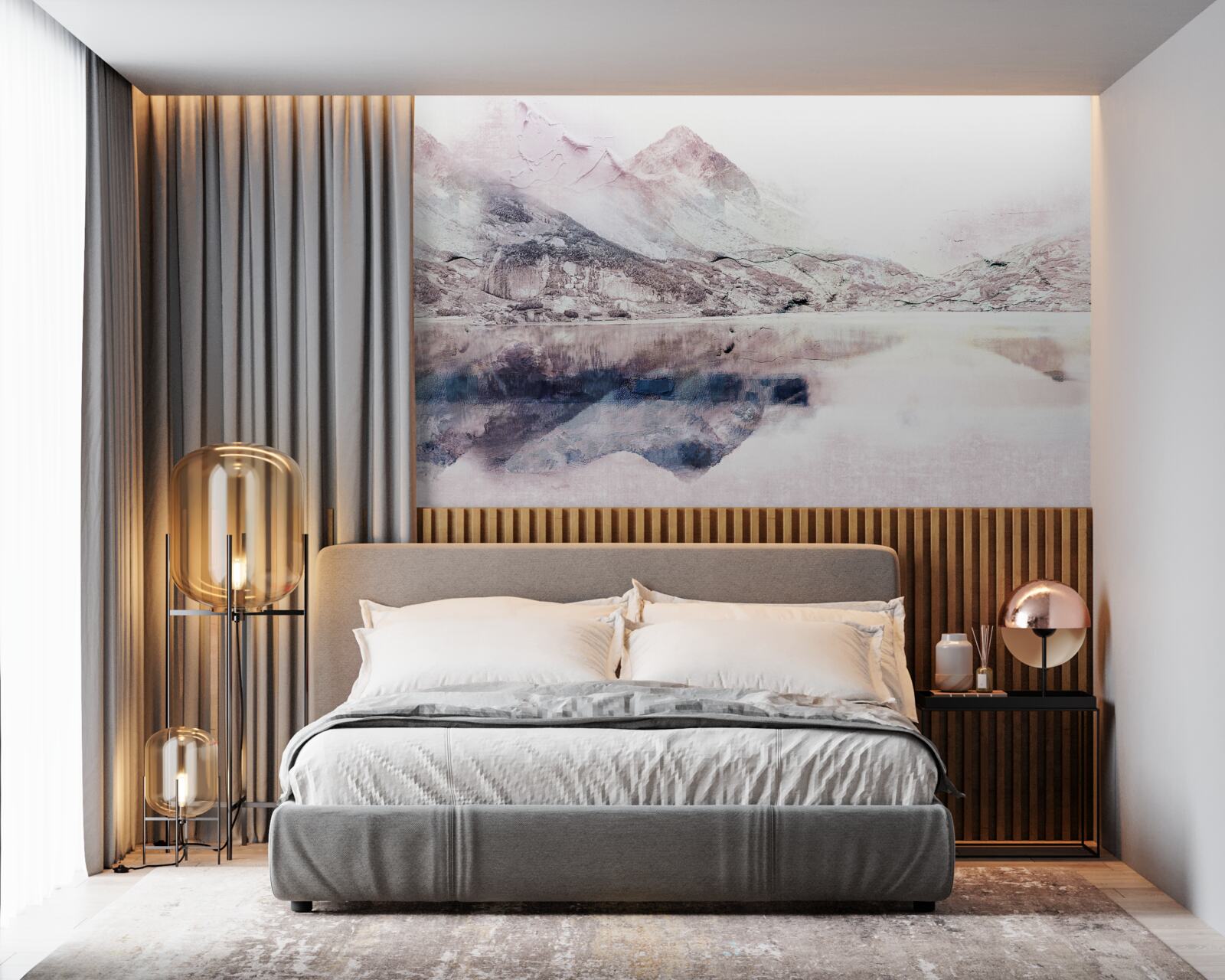 Фотошпалери відображення високих гір у дзеркальній поверхні води