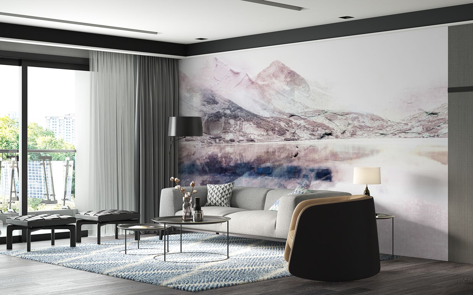 Фотошпалери відображення високих гір у дзеркальній поверхні води