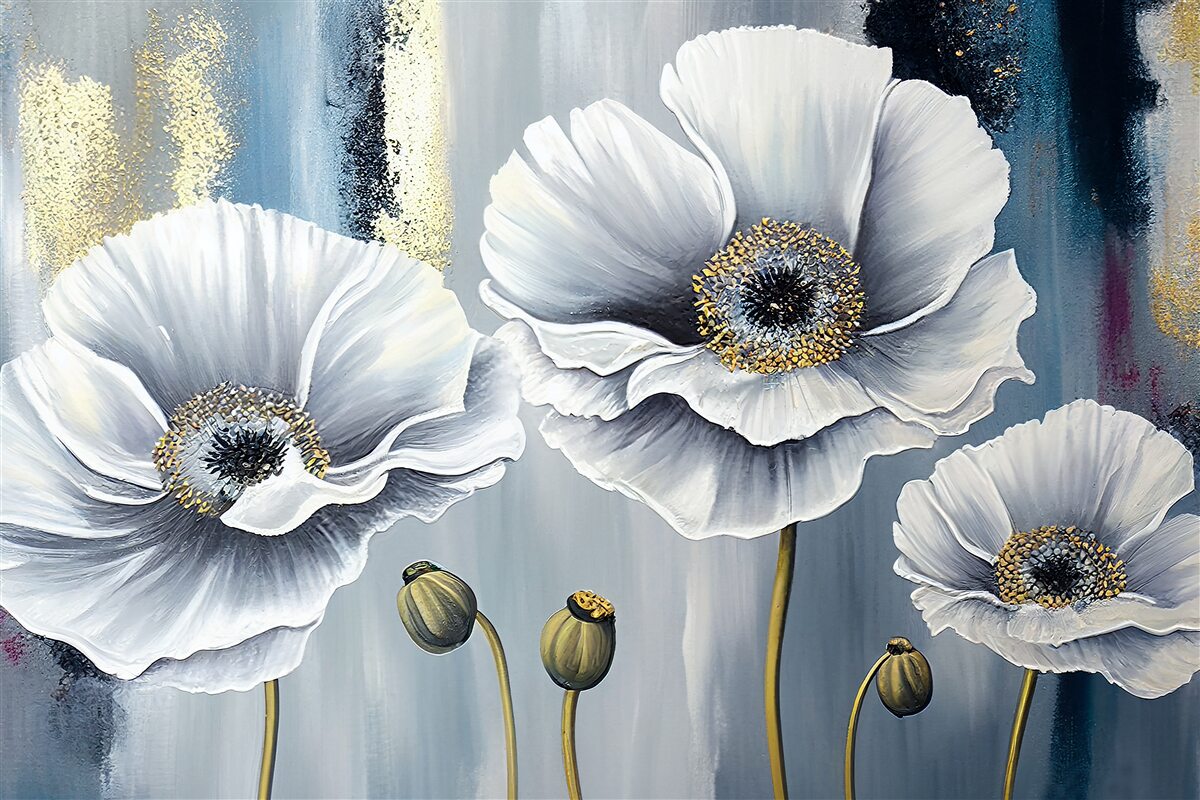 Фотошпалери сяючі білі голівки квітучих маків