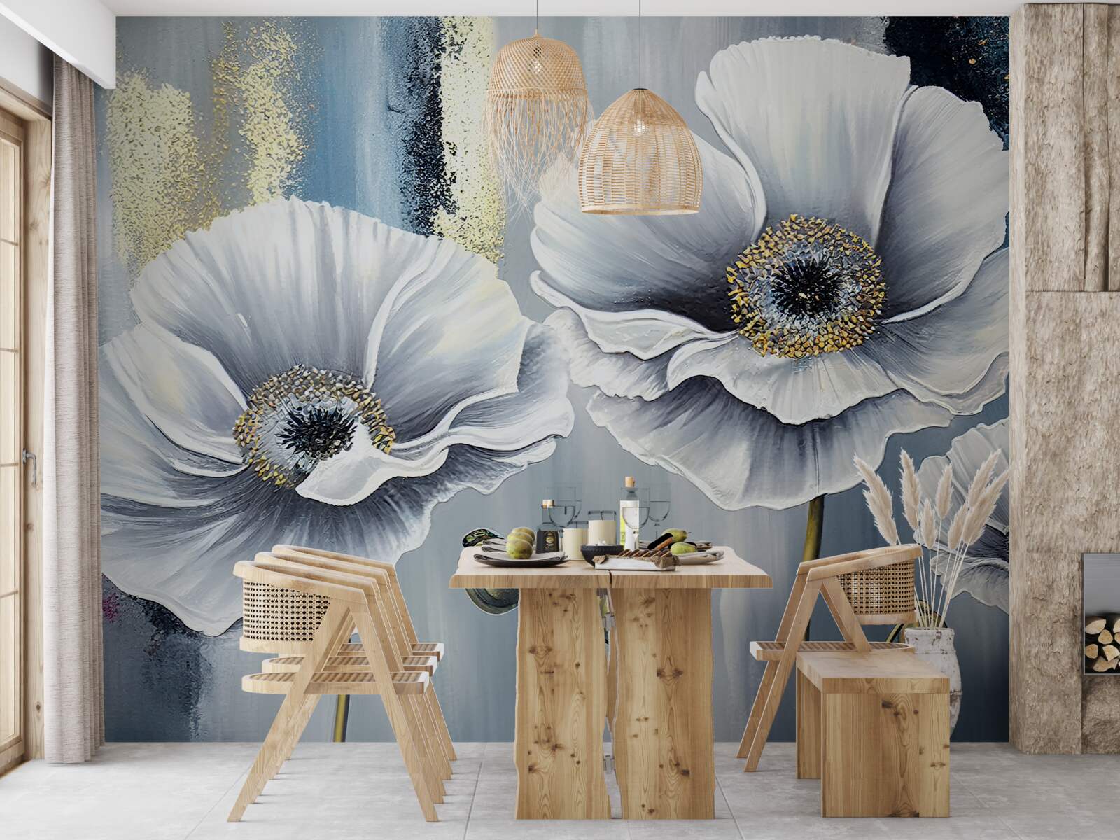 Фотошпалери сяючі білі голівки квітучих маків