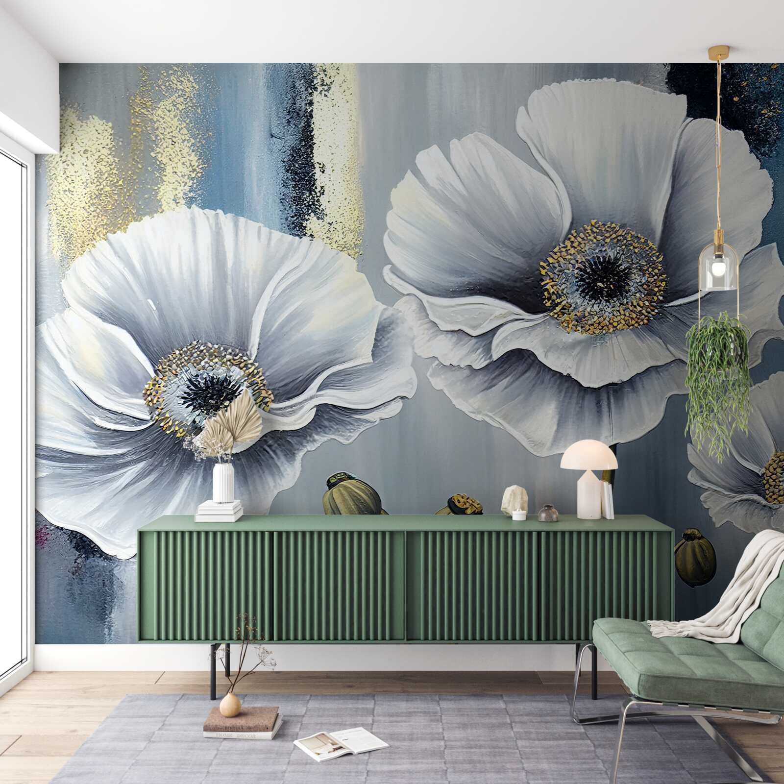 Фотошпалери сяючі білі голівки квітучих маків