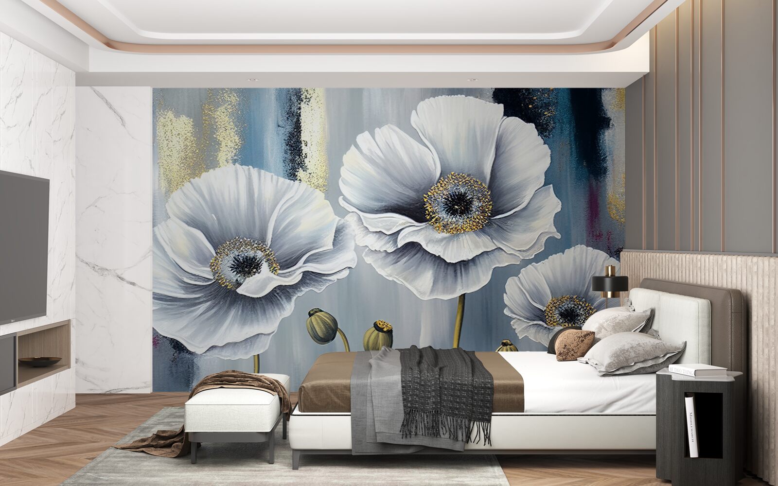 Фотошпалери сяючі білі голівки квітучих маків