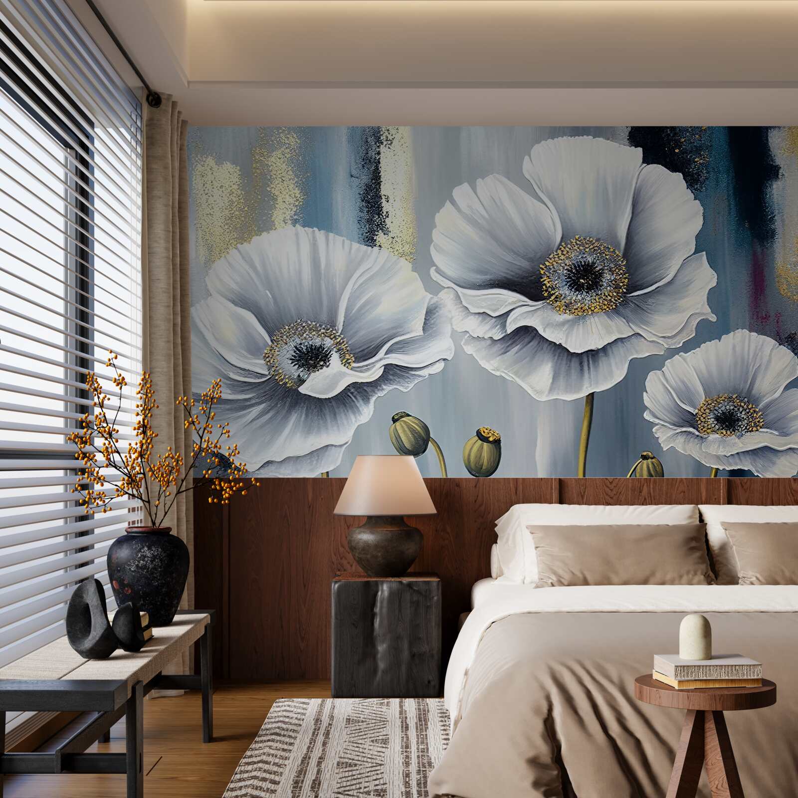 Фотошпалери сяючі білі голівки квітучих маків