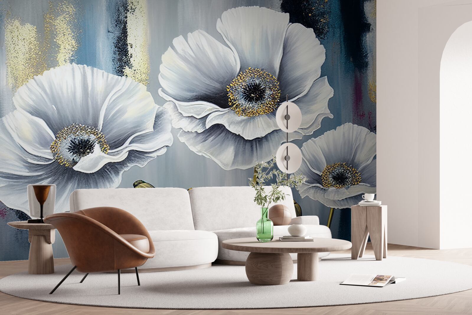 Фотошпалери сяючі білі голівки квітучих маків