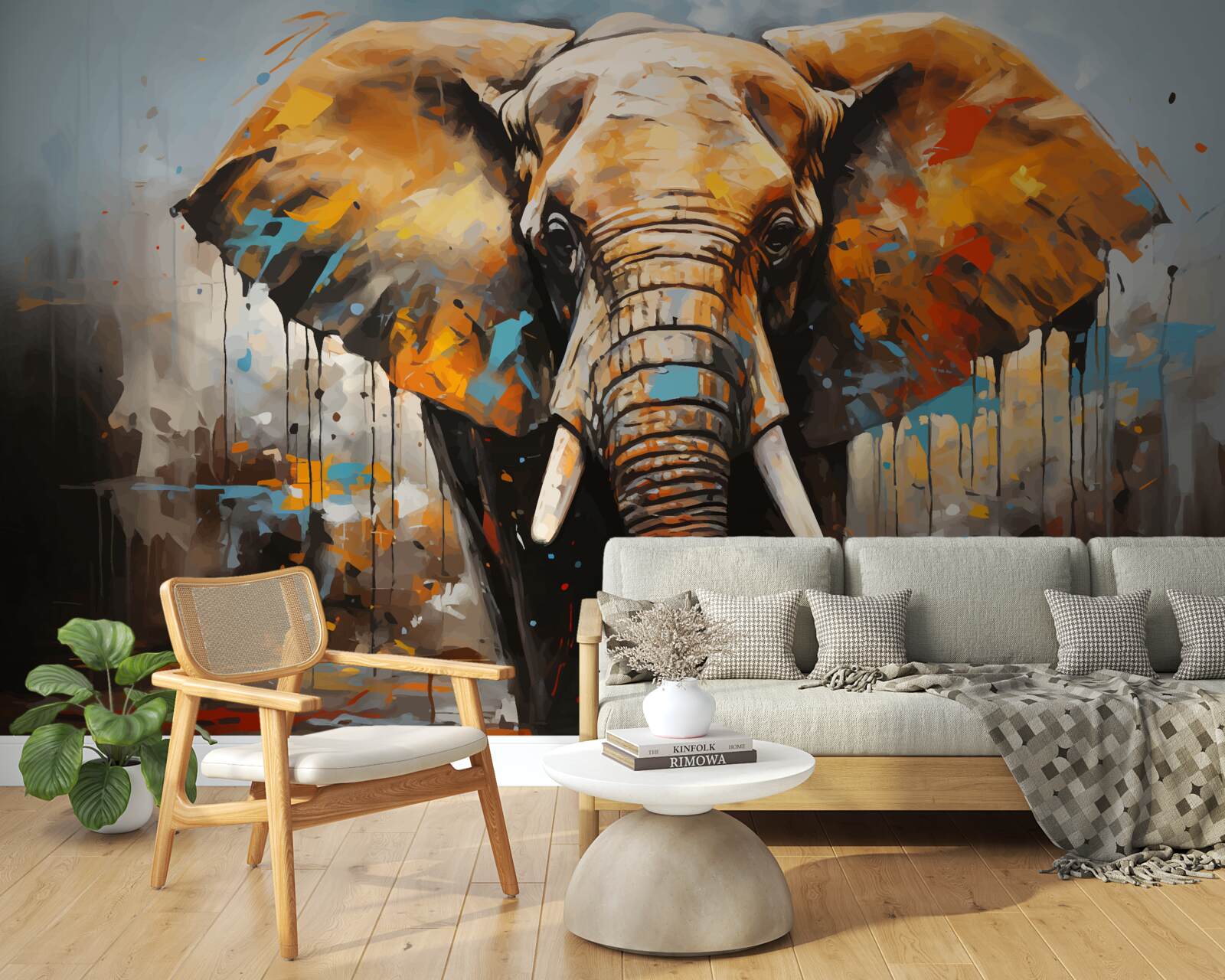 Фотошпалери намальоване зображення великого слона з бивнями