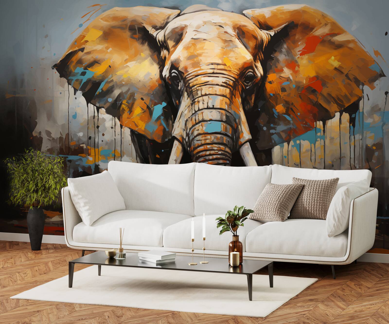 Фотошпалери намальоване зображення великого слона з бивнями