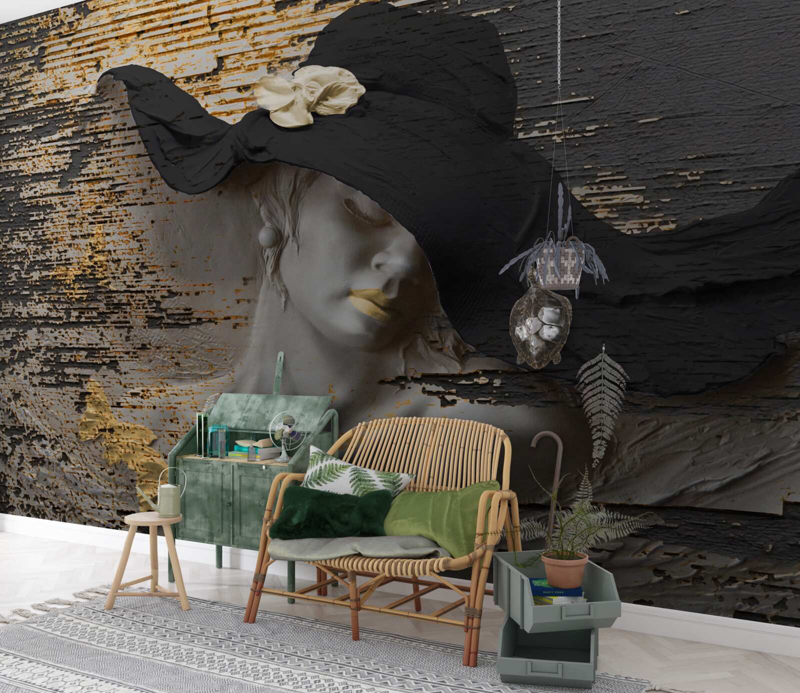 Фотошпалери жінка з квітами в капелюсі