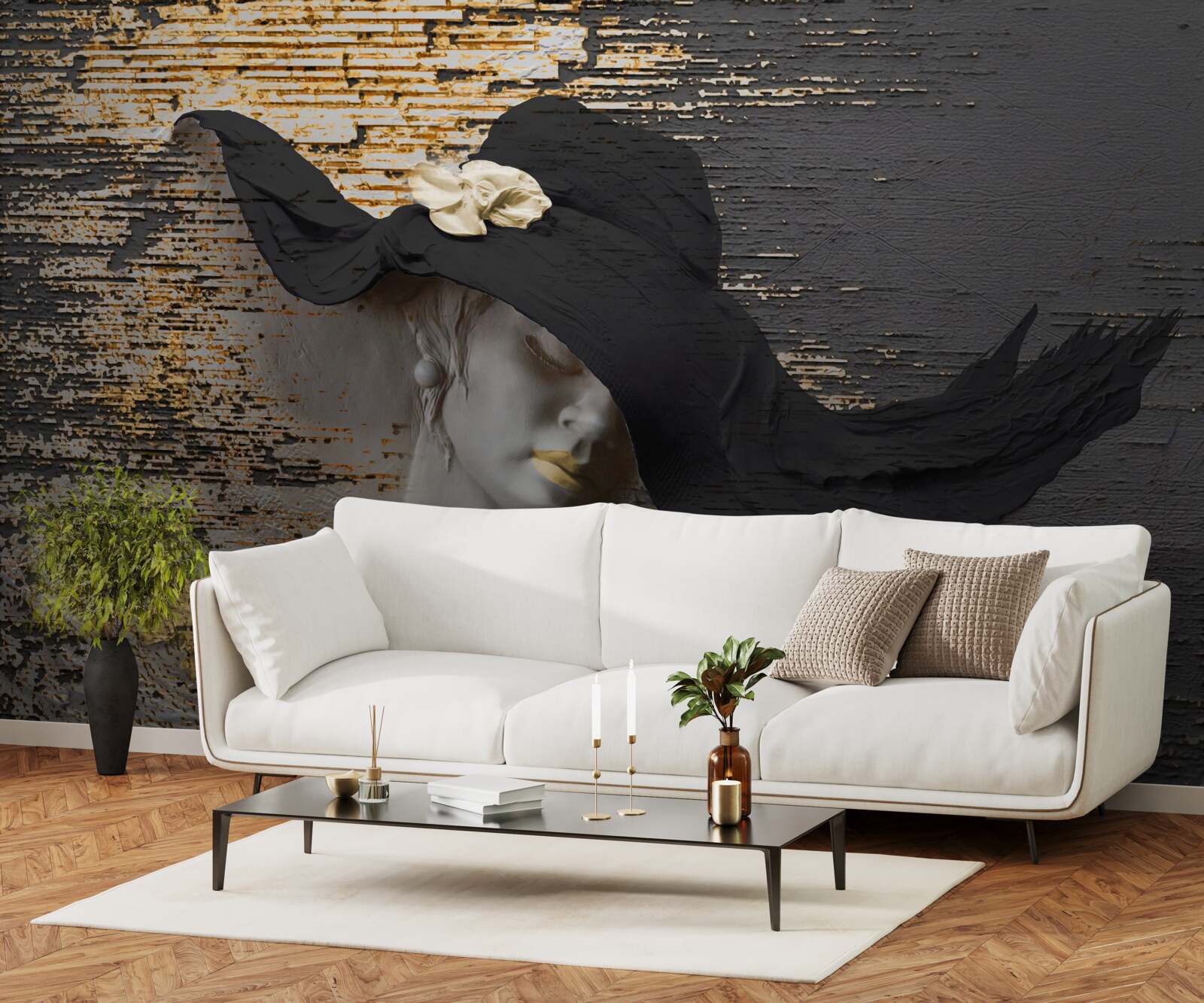 Фотошпалери жінка з квітами в капелюсі