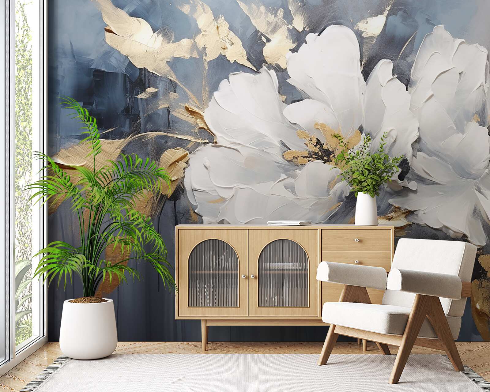 Фотошпалери під час зливи м'які білосніжні бутони