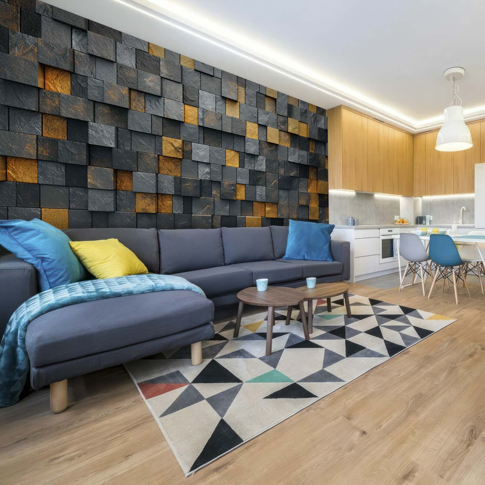 Фотошпалери квадрати сірих і темних відтінків змішані із золотом