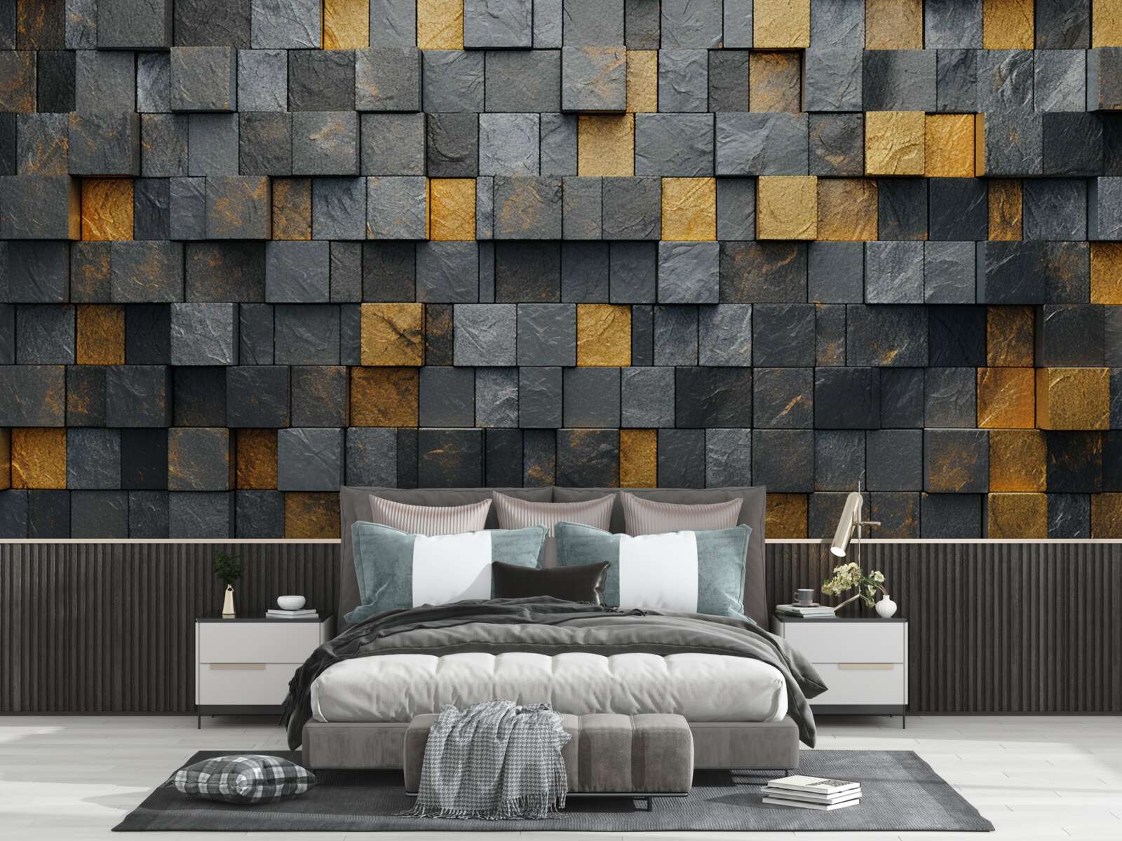 Фотошпалери квадрати сірих і темних відтінків змішані із золотом