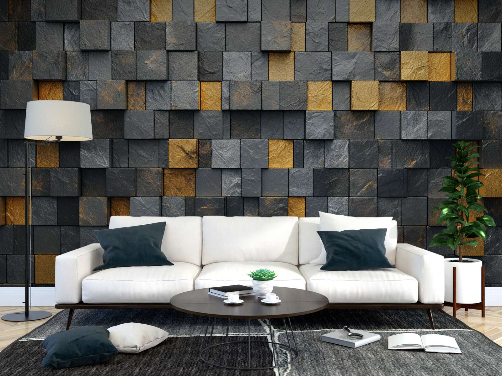 Фотошпалери квадрати сірих і темних відтінків змішані із золотом