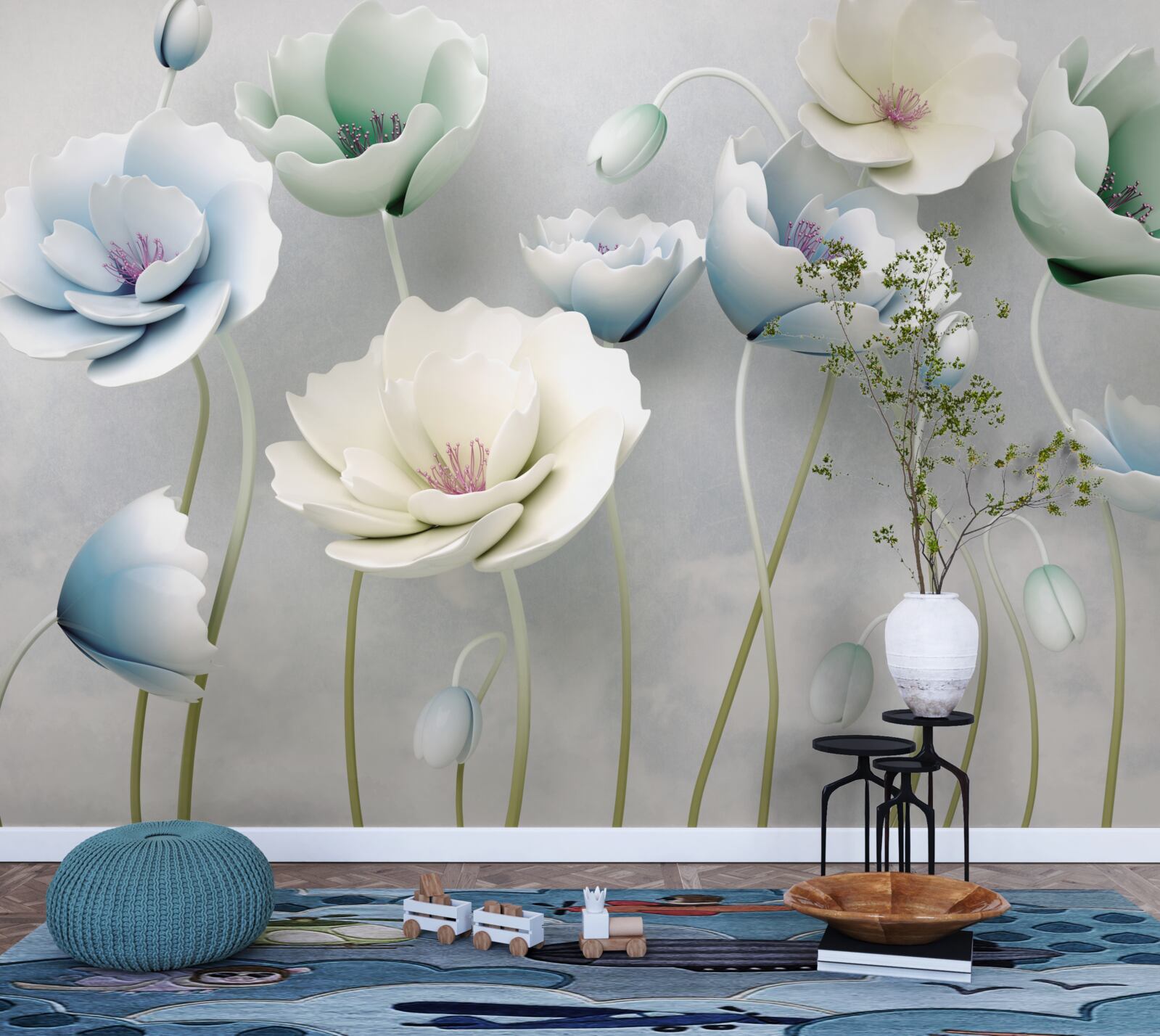 Фотошпалери краплі води на струнких маках різних відтінків