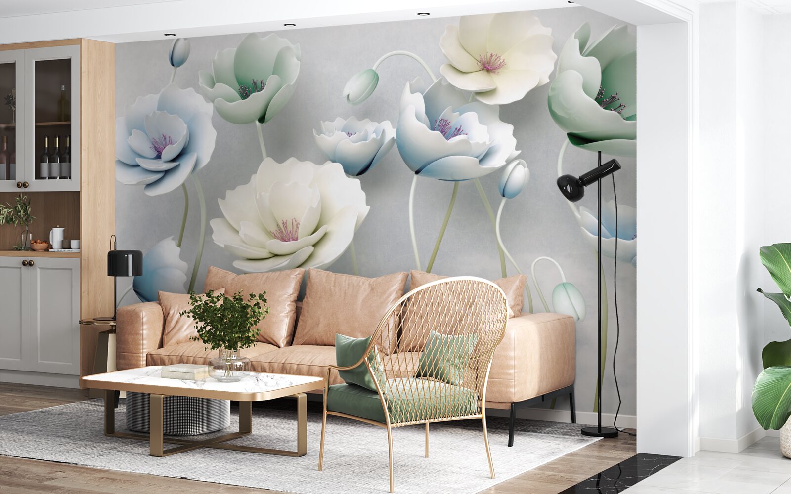 Фотошпалери краплі води на струнких маках різних відтінків