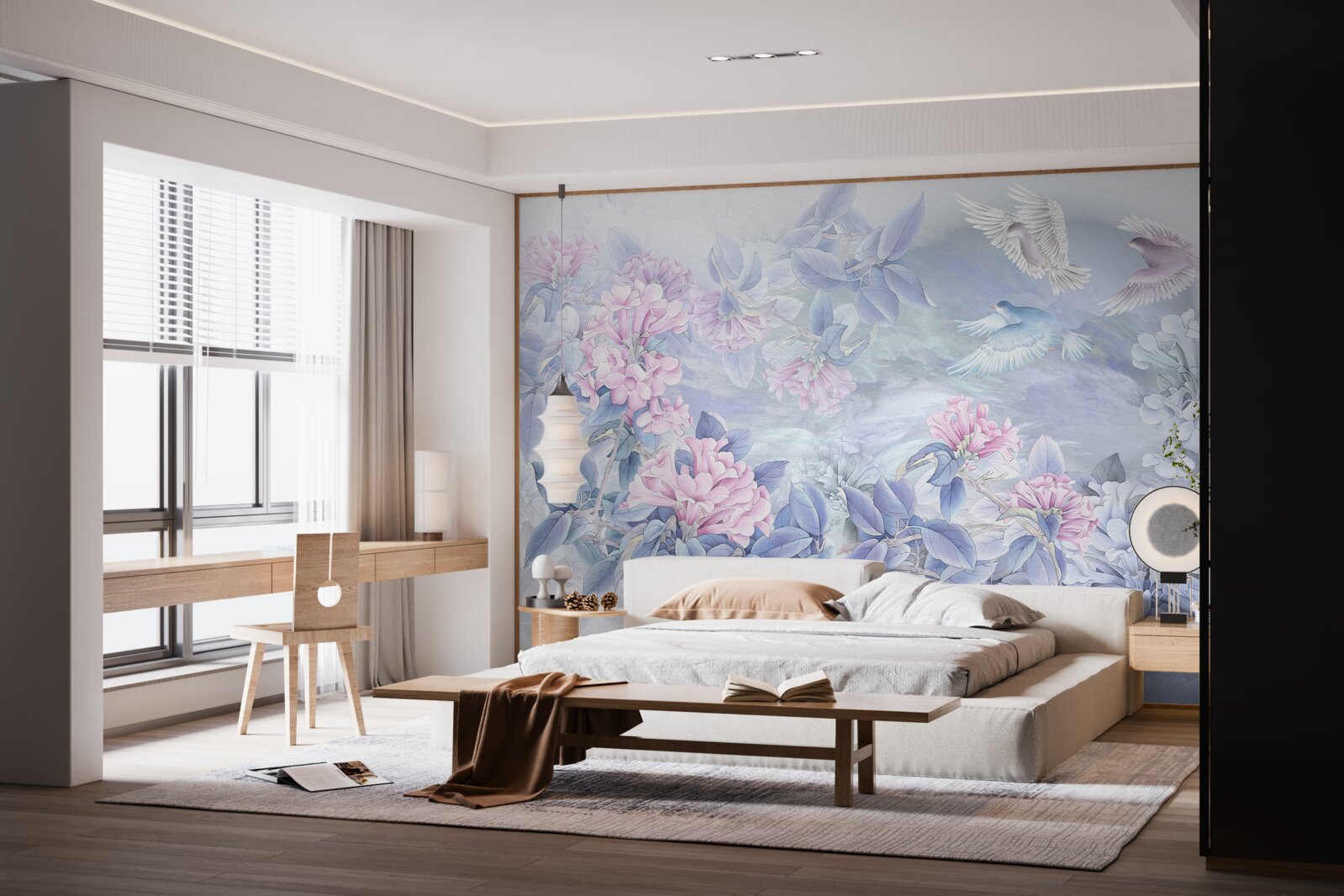 Фотошпалери гілки блакитні, увінчані рожевими квітами