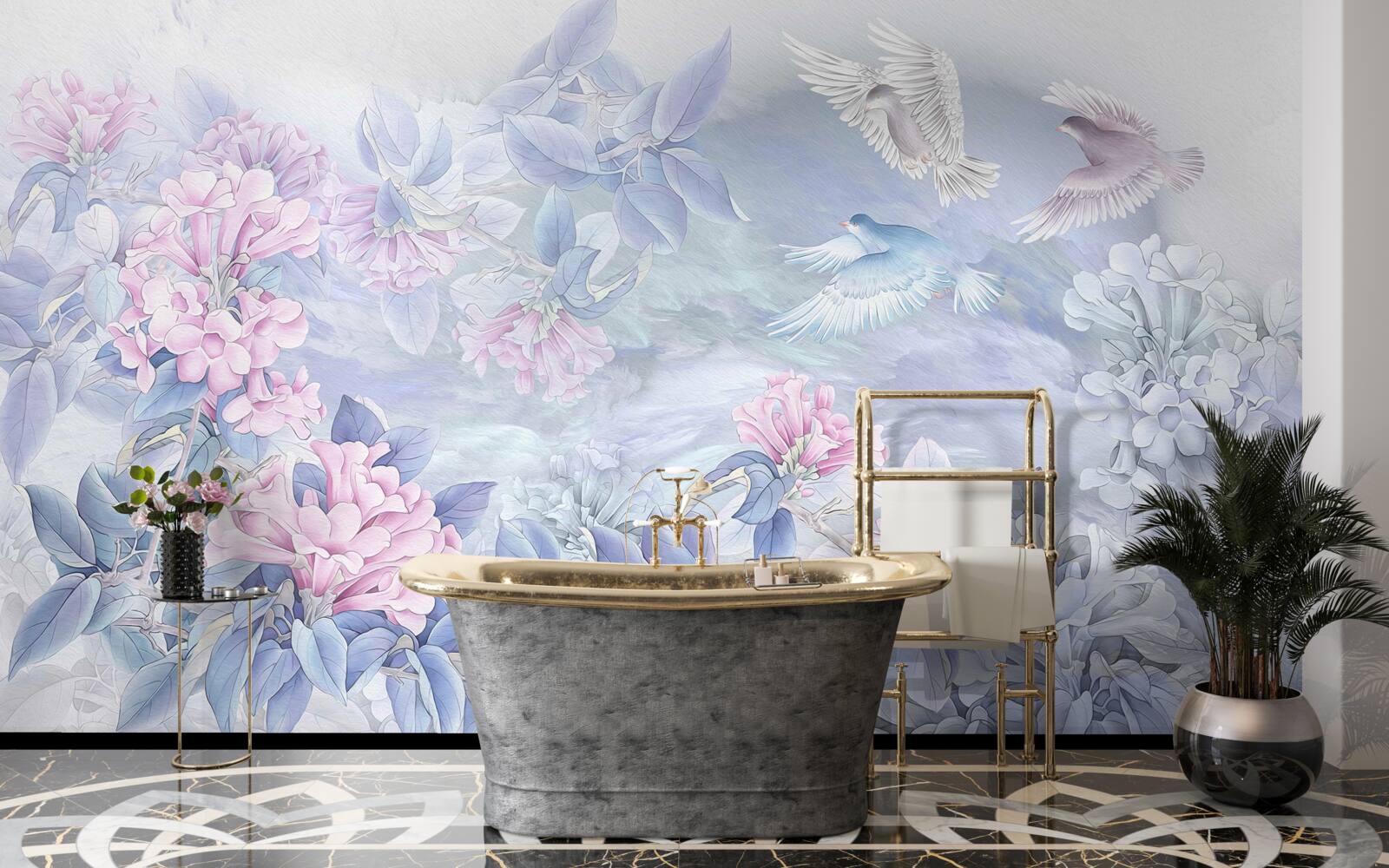 Фотошпалери гілки блакитні, увінчані рожевими квітами