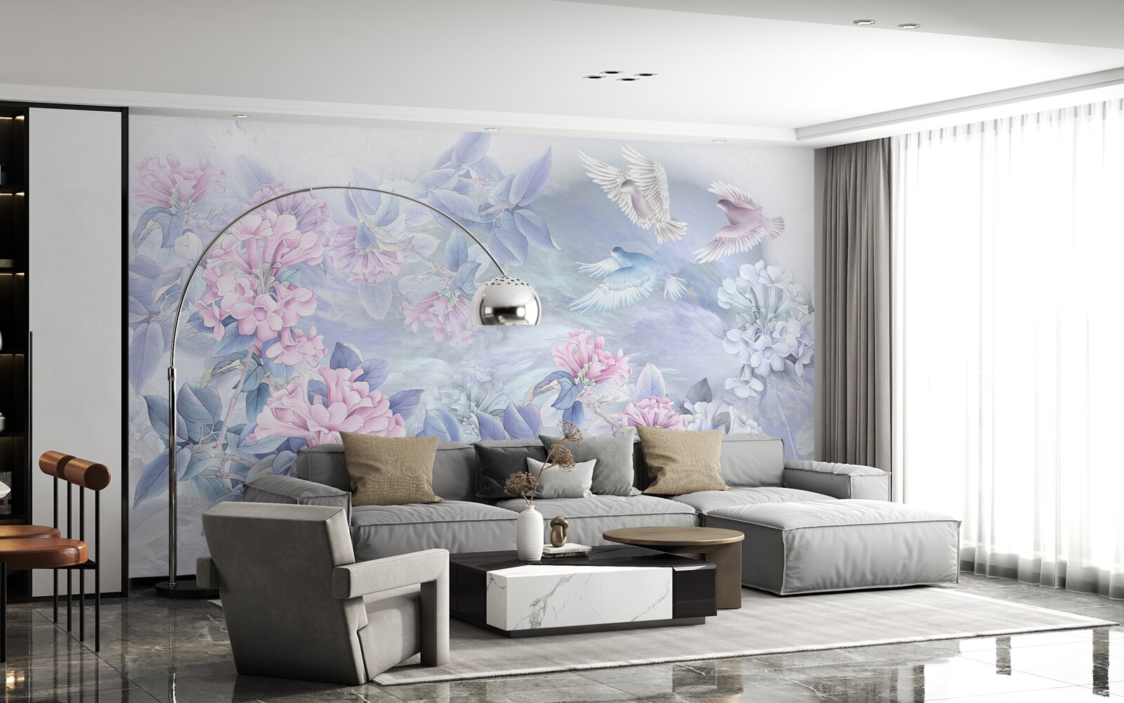 Фотошпалери гілки блакитні, увінчані рожевими квітами