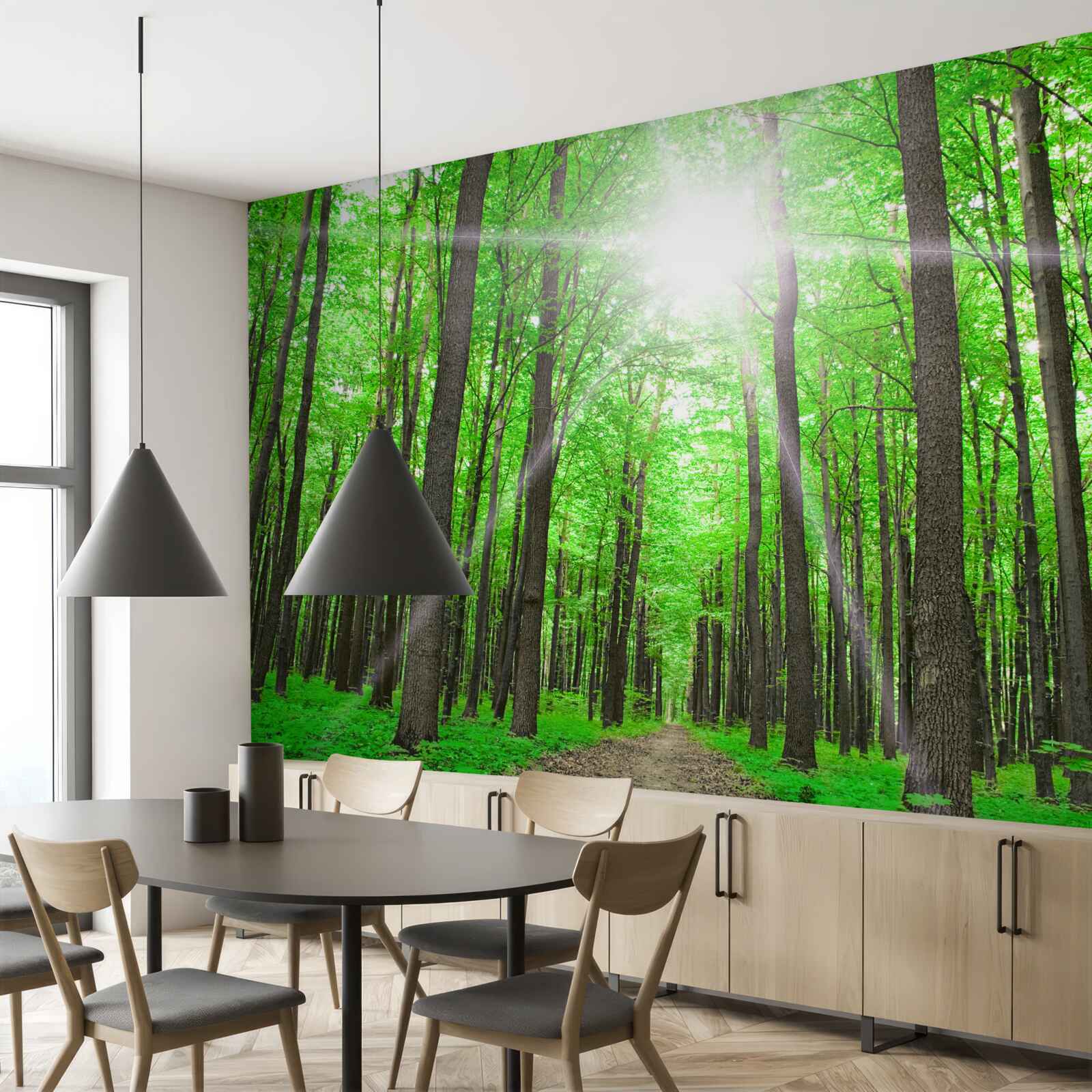 Фотошпалери яскраве світлове вікно в густій зелені дерев