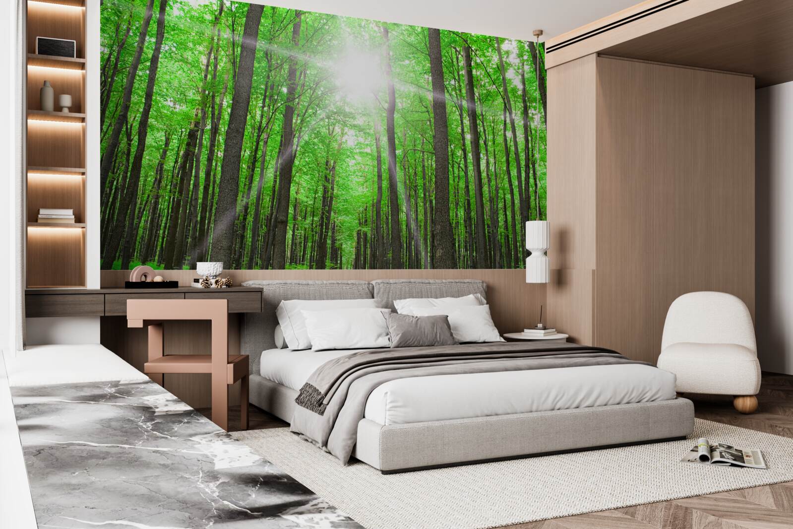 Фотошпалери яскраве світлове вікно в густій зелені дерев