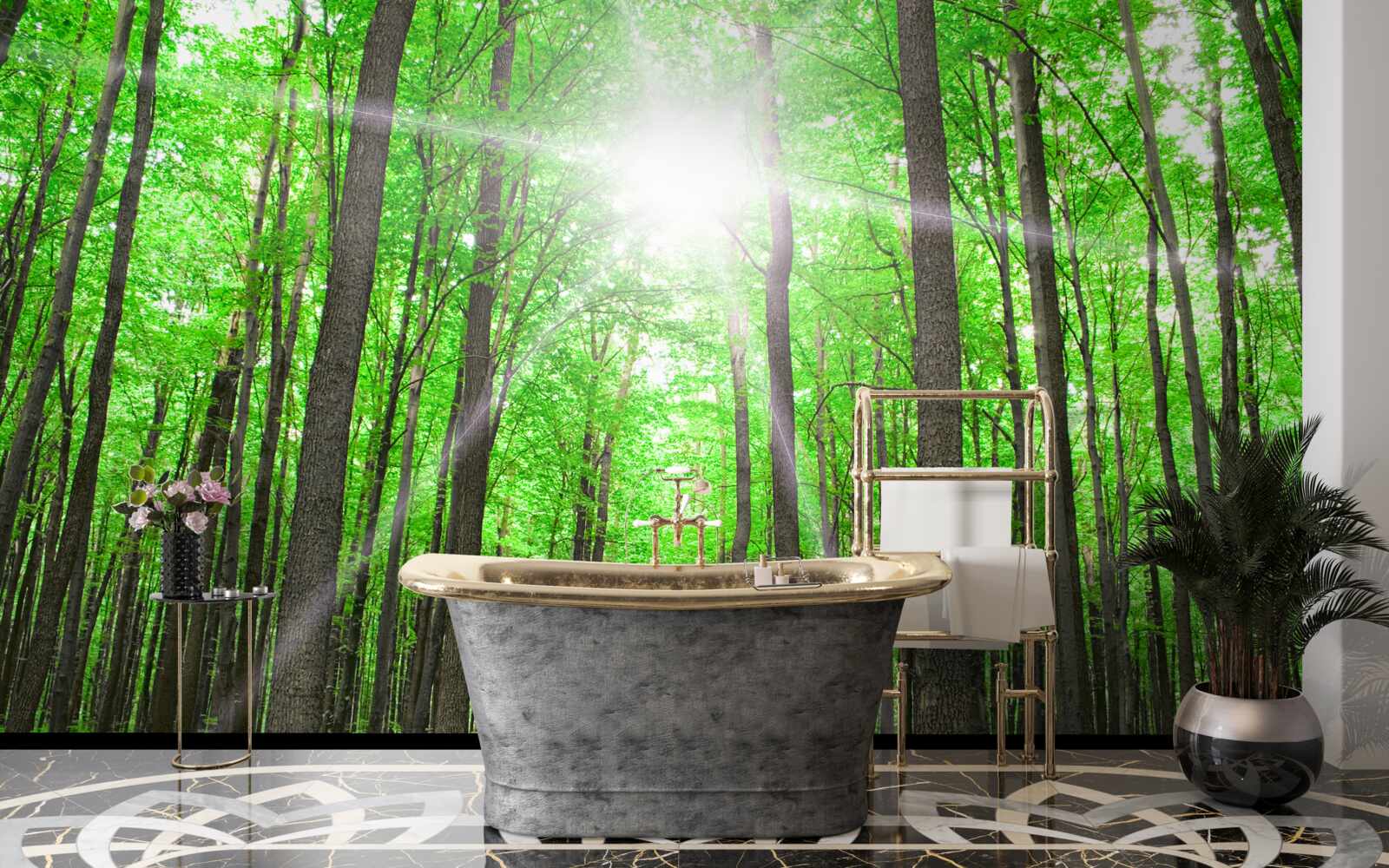 Фотошпалери яскраве світлове вікно в густій зелені дерев