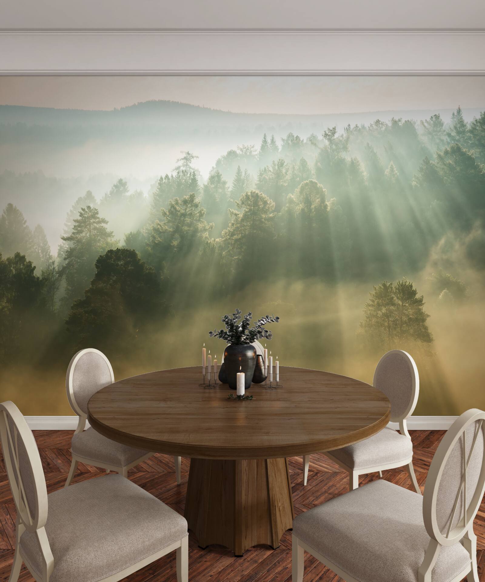 Фотошпалери у лісі густий туман розсіюється під впливом сонця