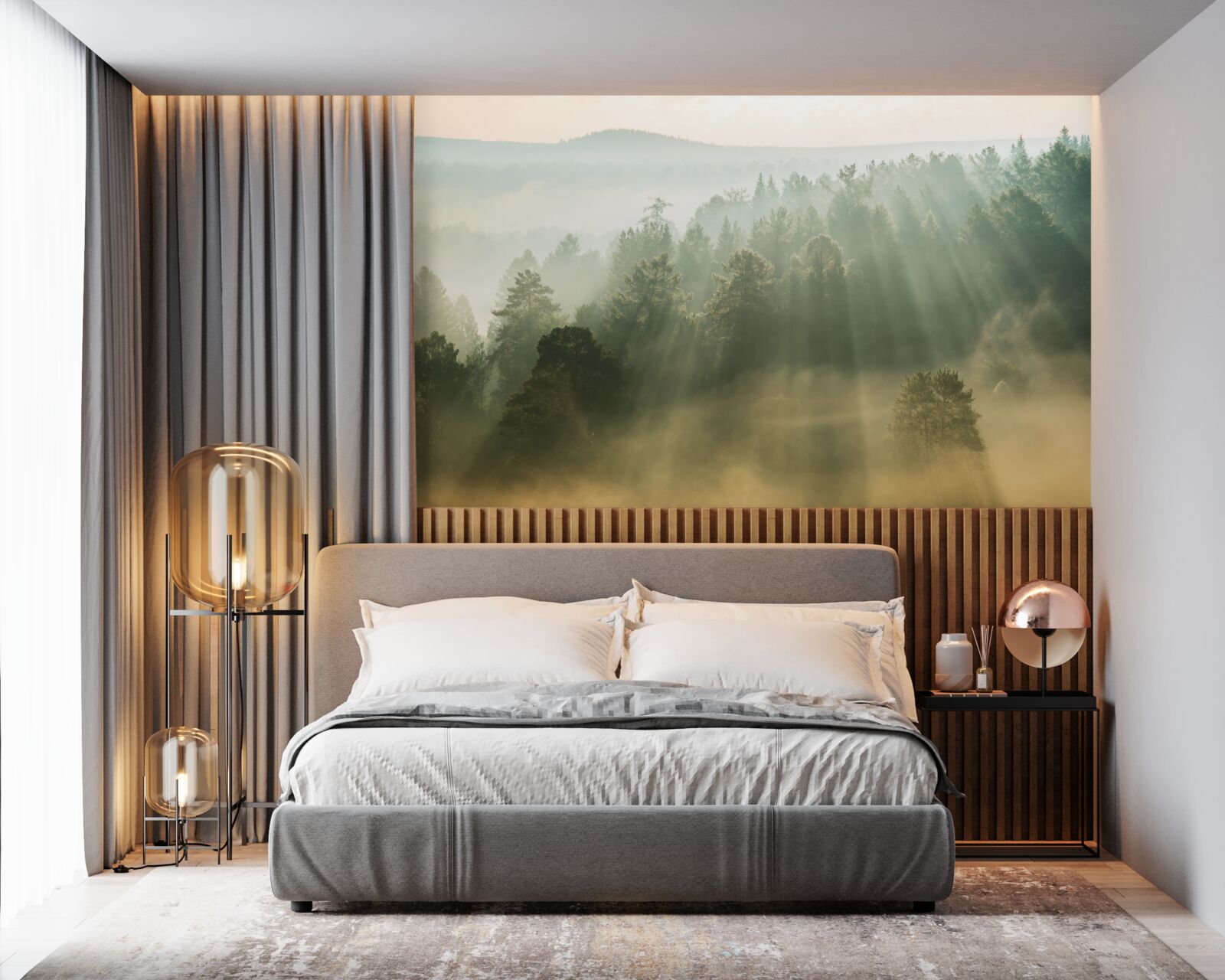 Фотошпалери у лісі густий туман розсіюється під впливом сонця