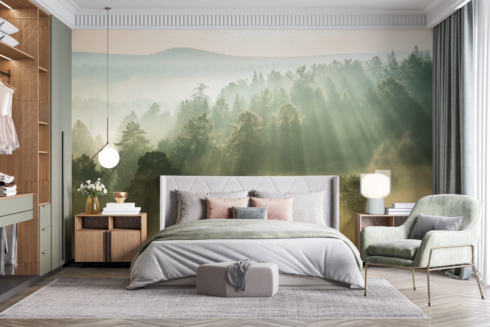 Фотошпалери у лісі густий туман розсіюється під впливом сонця