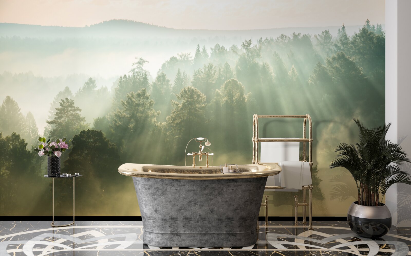 Фотошпалери у лісі густий туман розсіюється під впливом сонця