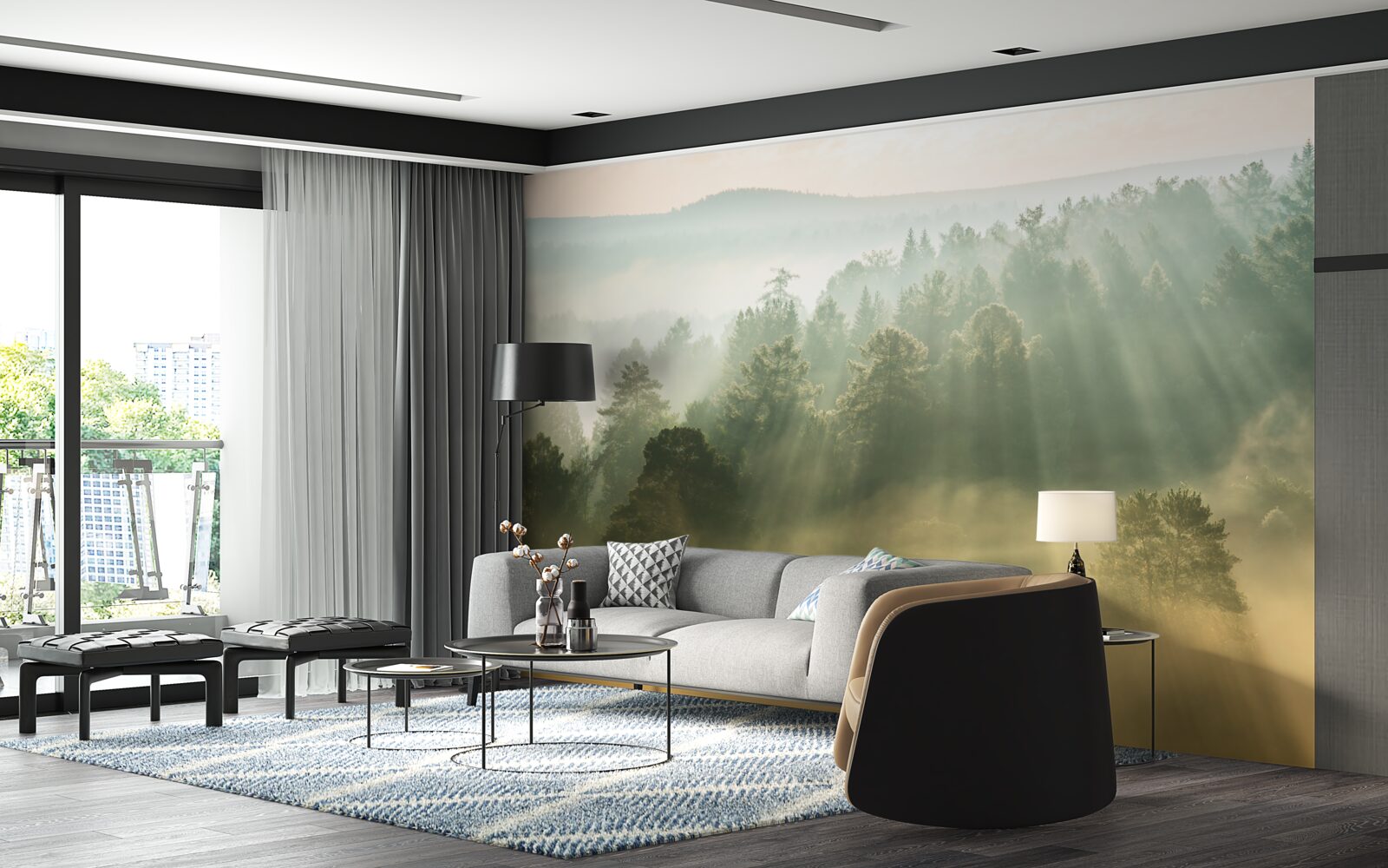 Фотошпалери у лісі густий туман розсіюється під впливом сонця