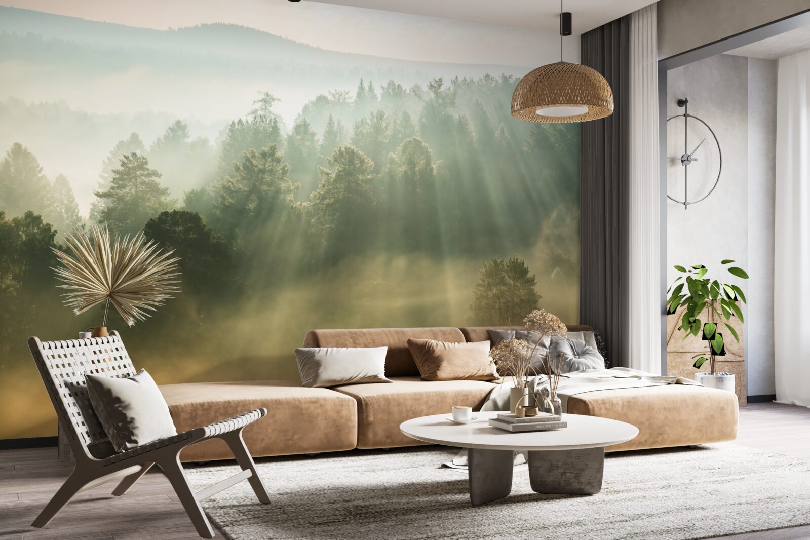 Фотошпалери у лісі густий туман розсіюється під впливом сонця