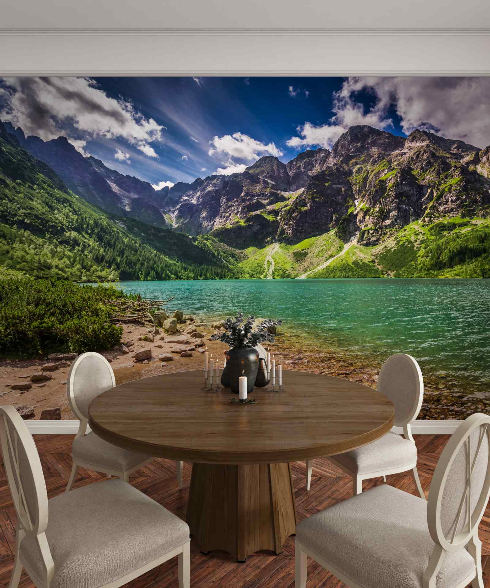 Фотошпалери літній день біля озера в оточенні зелених гір