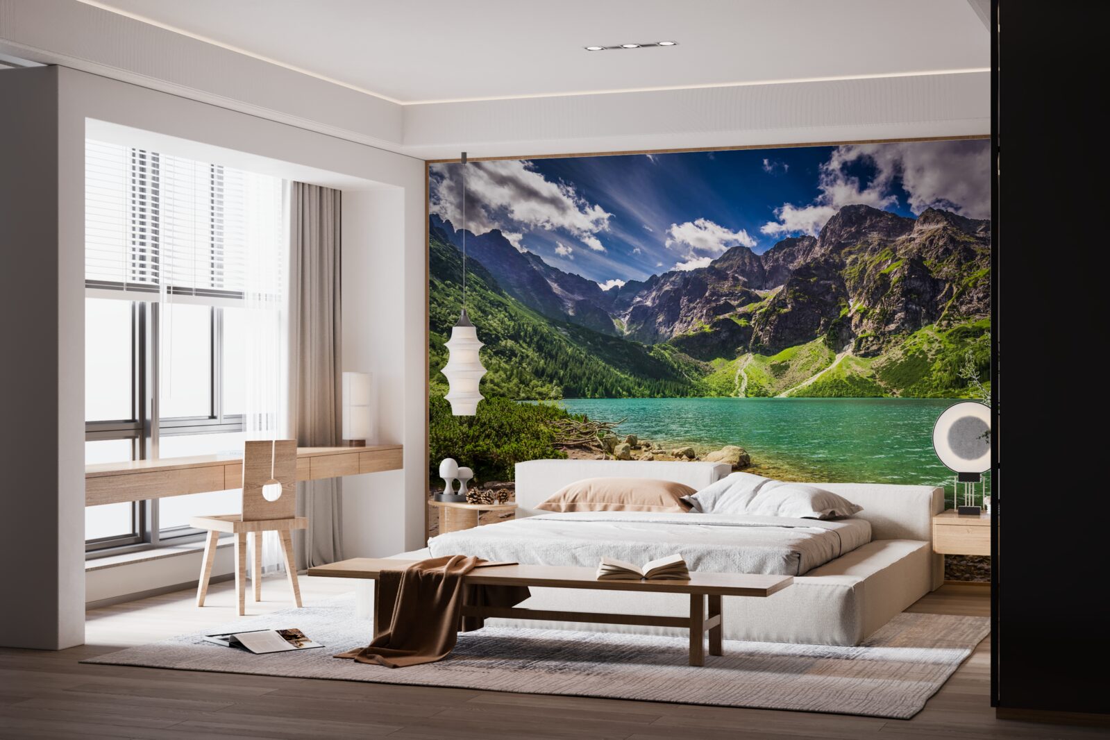 Фотошпалери літній день біля озера в оточенні зелених гір