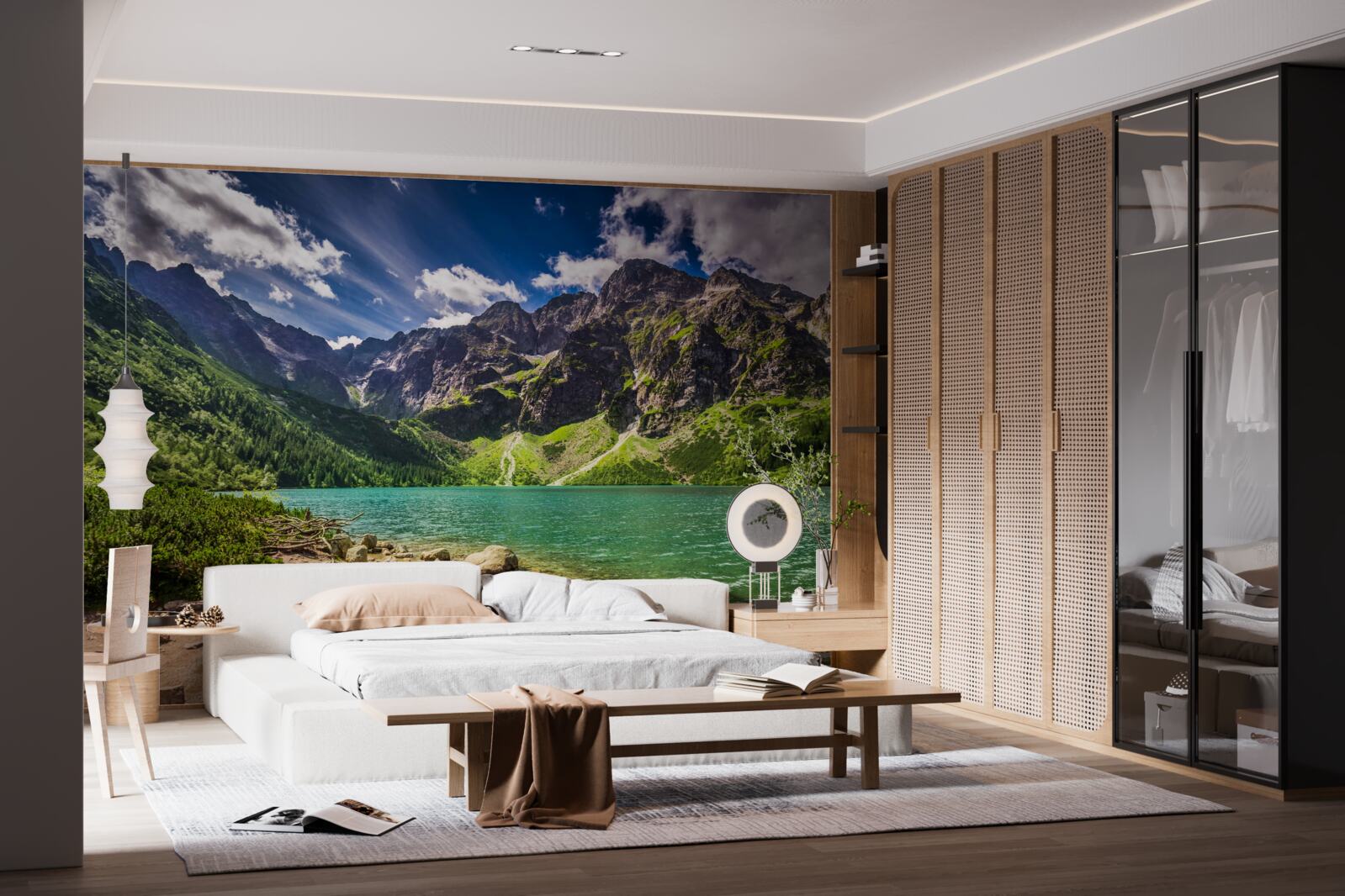 Фотошпалери літній день біля озера в оточенні зелених гір