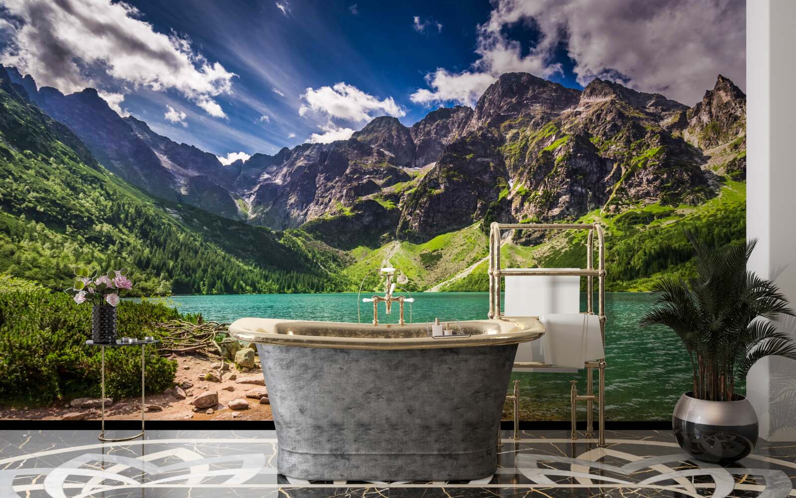 Фотошпалери літній день біля озера в оточенні зелених гір