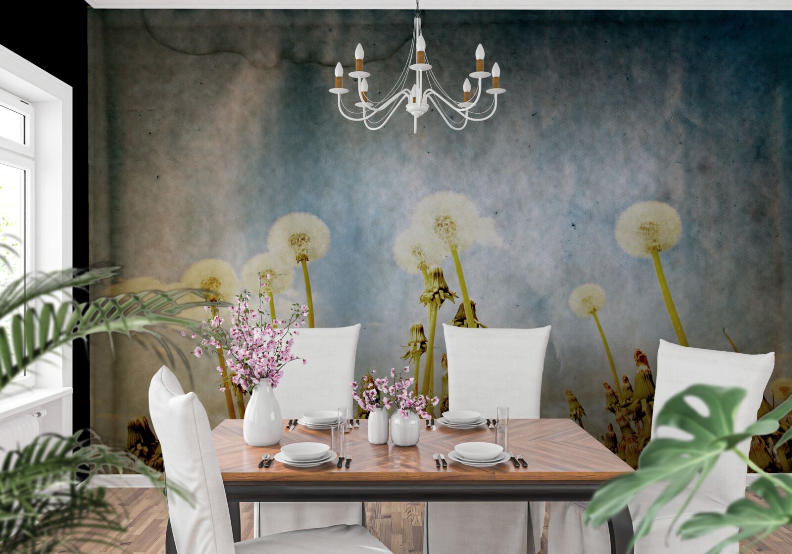 Фотошпалери захід сонця зустрічають витончені кульбаби