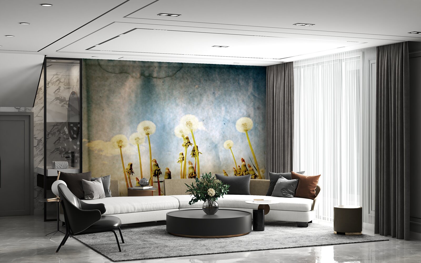 Фотошпалери захід сонця зустрічають витончені кульбаби