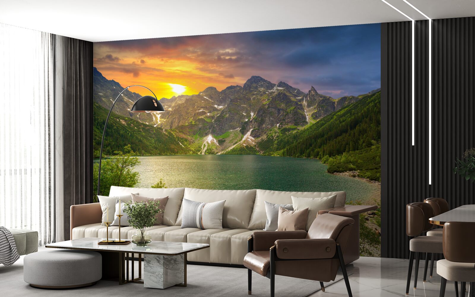 Фотошпалери вражаючий захід сонця за гірськими хребтами біля озера