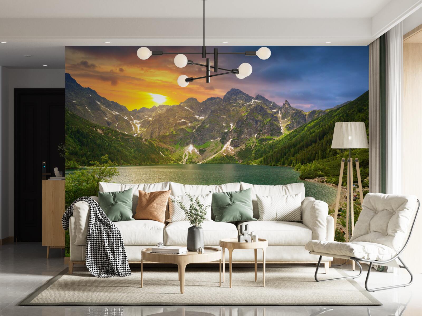 Фотошпалери вражаючий захід сонця за гірськими хребтами біля озера