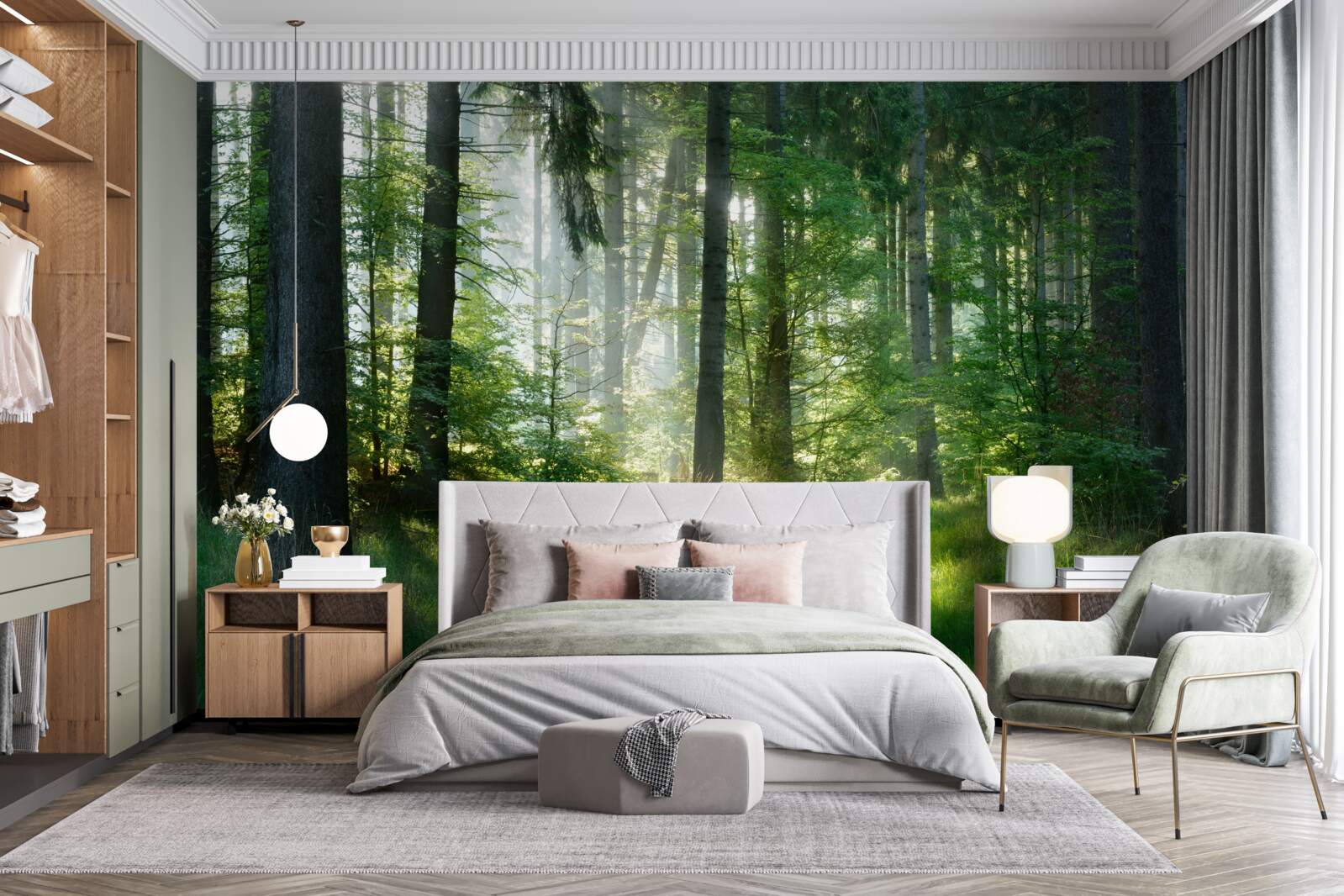 Фотошпалери ранок у лісі, в оточенні зелені